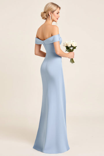Dusty Blue Mermaid Off the Shoulder Ruched Long Bridesmaid Dress with Slit